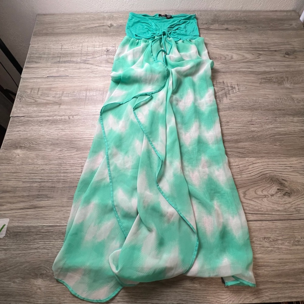 Raviya Maxi Skirt Womens Medium Teal White Ikat Smocked Convertible Boho Dress‎
